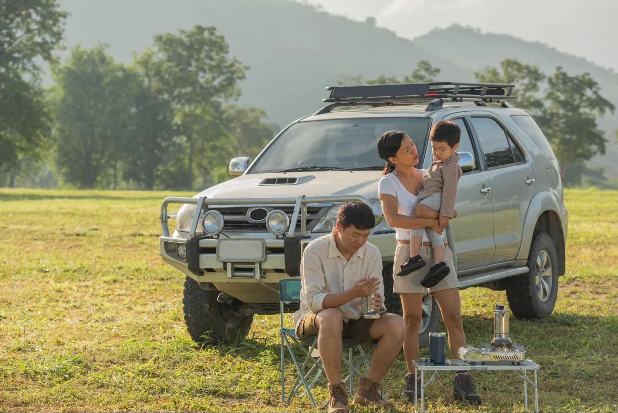 family camping outside